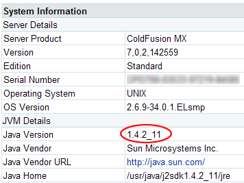 ColdFusion administrator - java info - updated